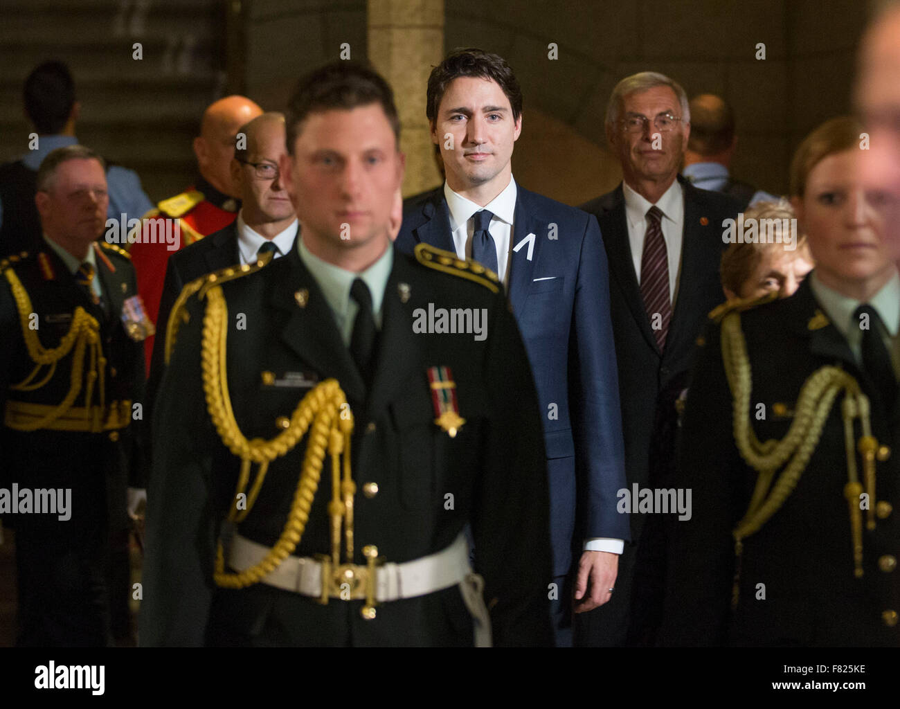 (151204) -- OTTAWA, Dec. 4 (Xinhua) -- Canadian Prime Minister Justin Trudeau arrives to attend the Throne Speech at Parliament Hill in Ottawa, Canada, Dec. 4, 2015. The Throne Speech that was held on Friday marked the opening of the First Session of 42nd Parliament of Canada. (Xinhua/Chris Roussakis) Stock Photo