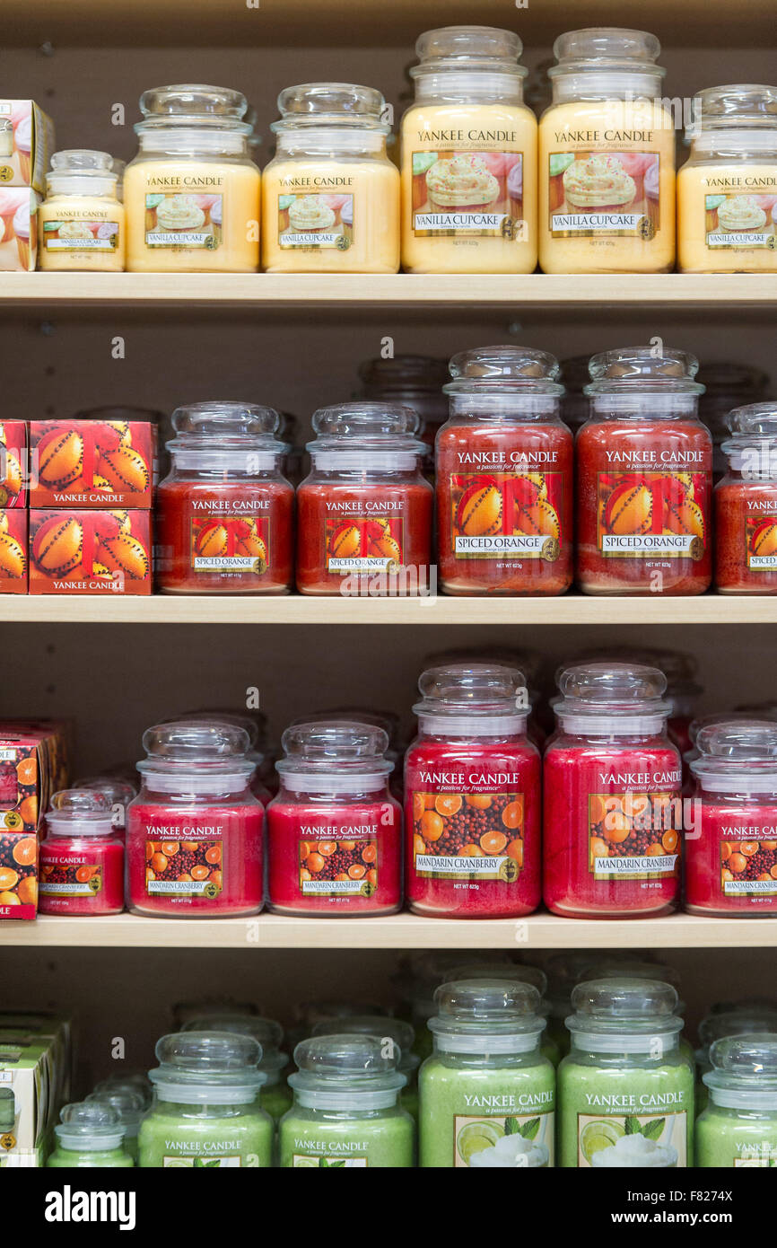 Candles in a Yankee Candle store. Stock Photo