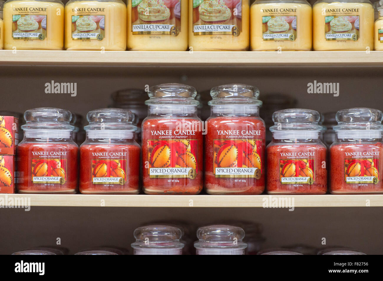 Spiced orange scented candles in a Yankee Candle store. Stock Photo