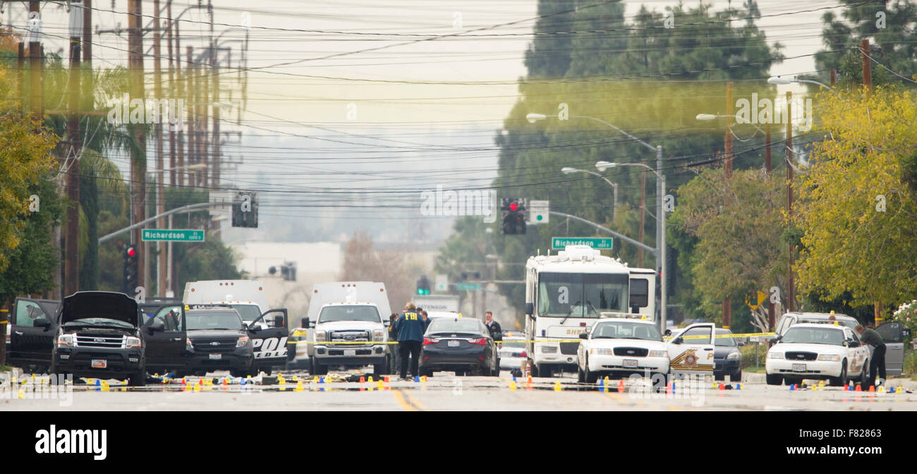 San Bernardino. 4th Dec, 2015. Photo taken on Dec. 4, 2015 shows the E San Bernardino Ave where the attackers were shot dead and which is still closed by local police department, in San Bernardino, California. The FBI is investigating the deadly Southern California shooting carried out by a couple that killed at least 14 people and injured 23 others on Wednesday as an act of terrorism, an agency official said Friday. Credit:  Yang Lei/Xinhua/Alamy Live News Stock Photo