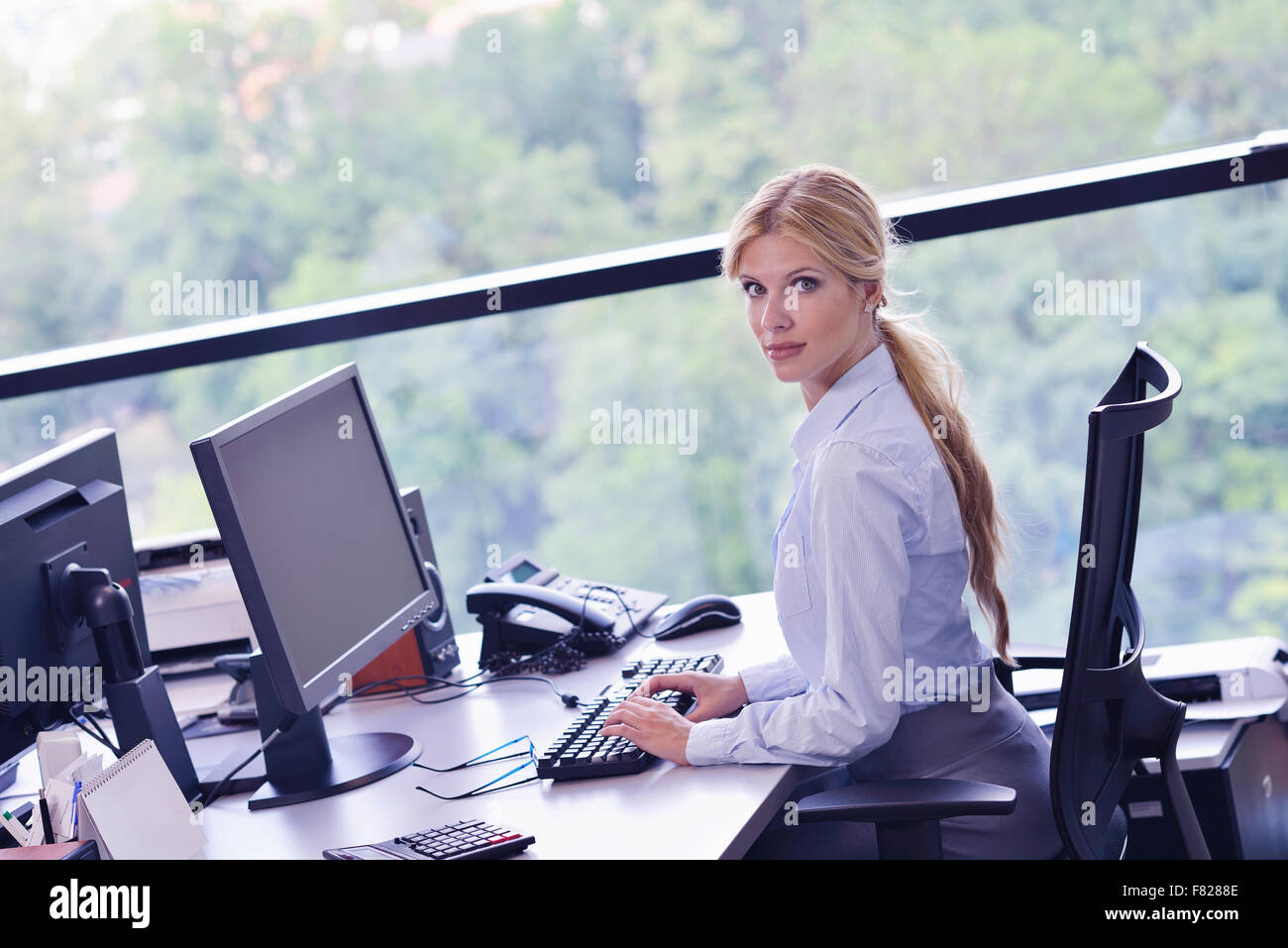 Portrait of a beautiful business woman working on her desk in an office ...