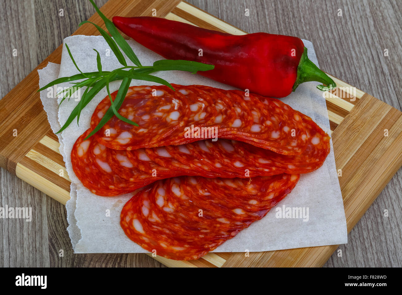 Spanish traditional sausages - Chorizo - with estragon leaves and hot ...
