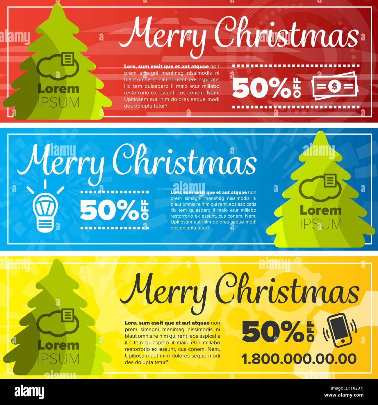 merry christmas banners with icons and colored backgrounds Stock Vector