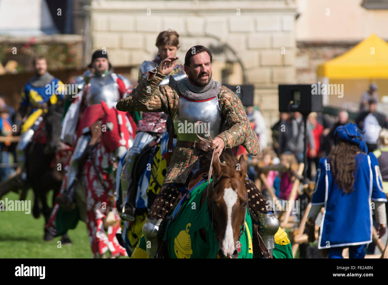 The winning knight and the vanquished at Rosenberg Knights Tournament Stock Photo