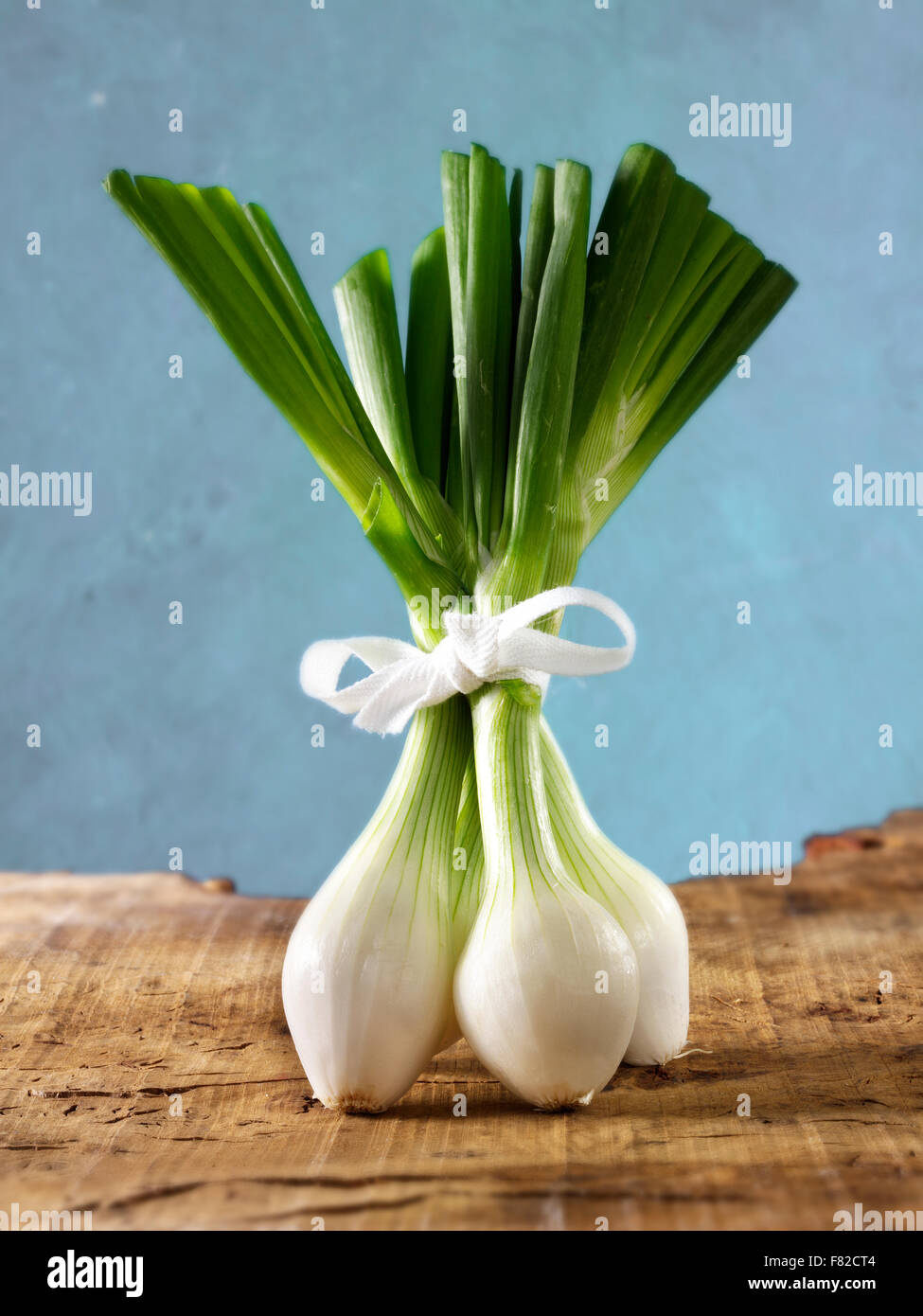 still life of a bunch of fresh spring onions, salad onions, in a kitchen setting Stock Photo Alamy