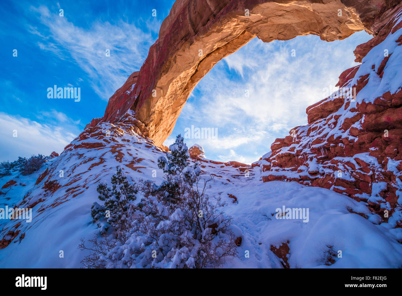 Snowy sunset at North Window, Arches National Park, Utah Windows Section Stock Photo