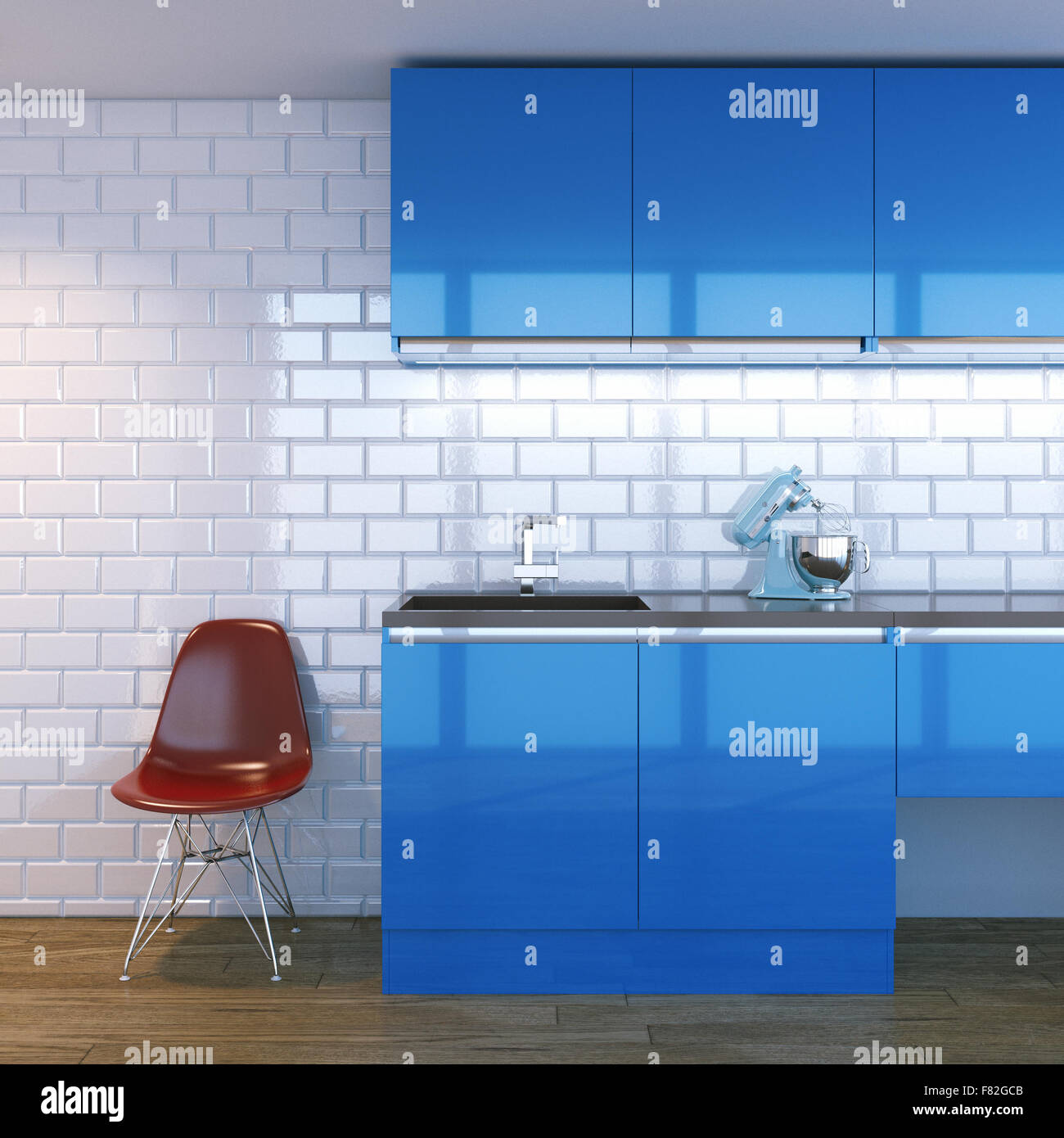 New Contemporary Blue Kitchen Furniture In White Interior With Classic Tiles Stock Photo Alamy