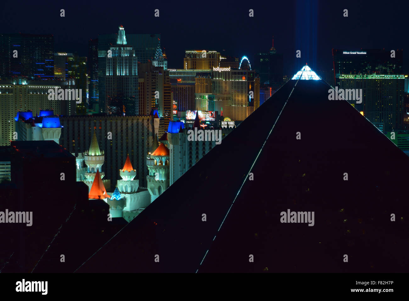 The Luxor hotel and the South Strip skyline during twilight, Las Vegas NV (seen from the Delano hotel) Stock Photo