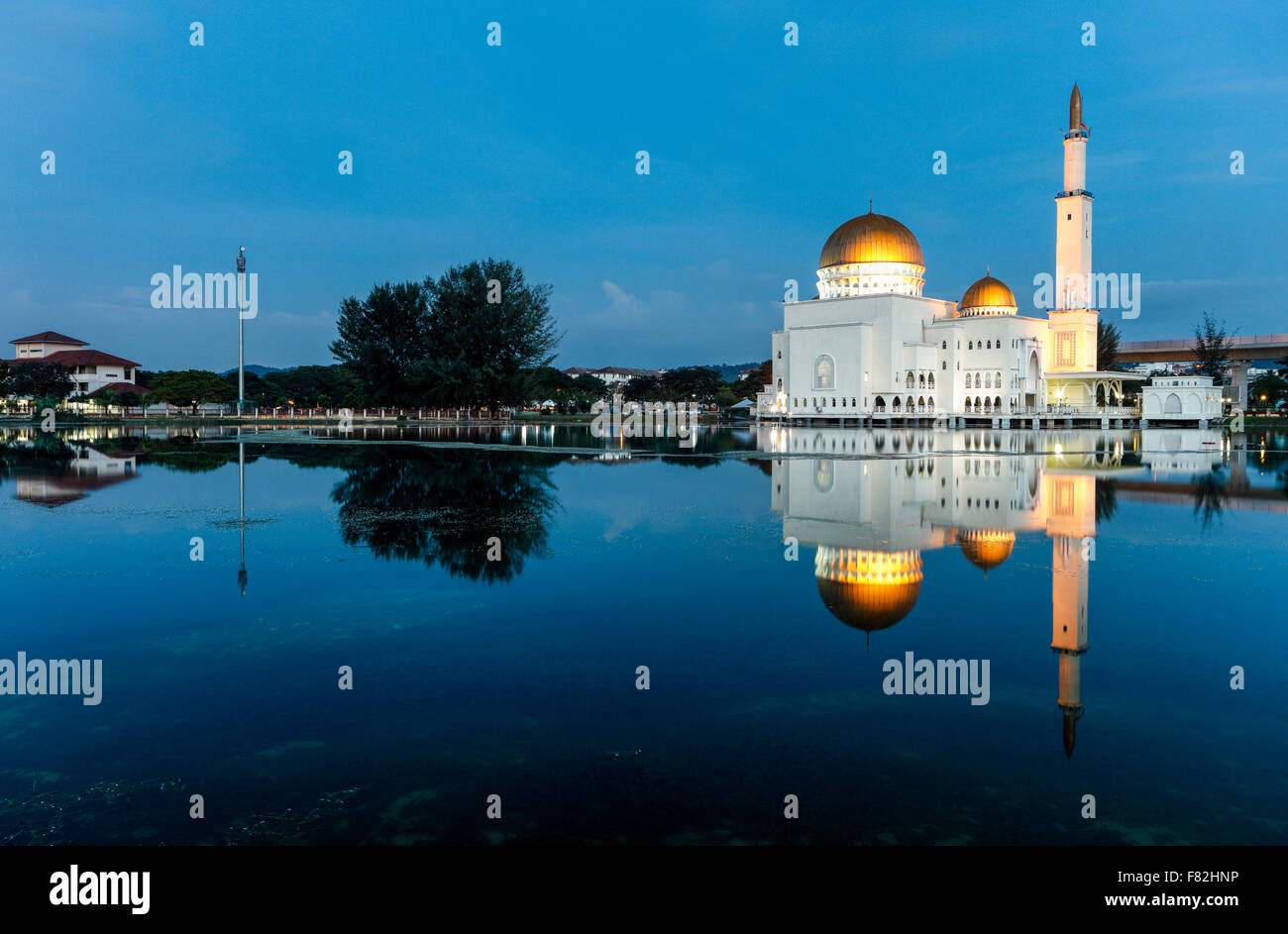 The As Salam Mosque in Puchong, Malaysia during the blue hours of twilight. Stock Photo