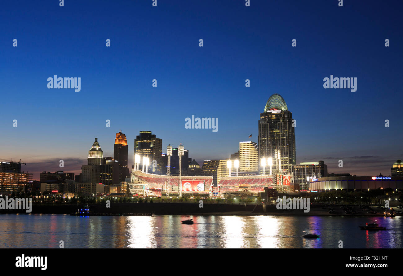 Downtown Cincinnati skyline from Kentucky, evening including the Great American Ball Ball, home of the Reds. Stock Photo