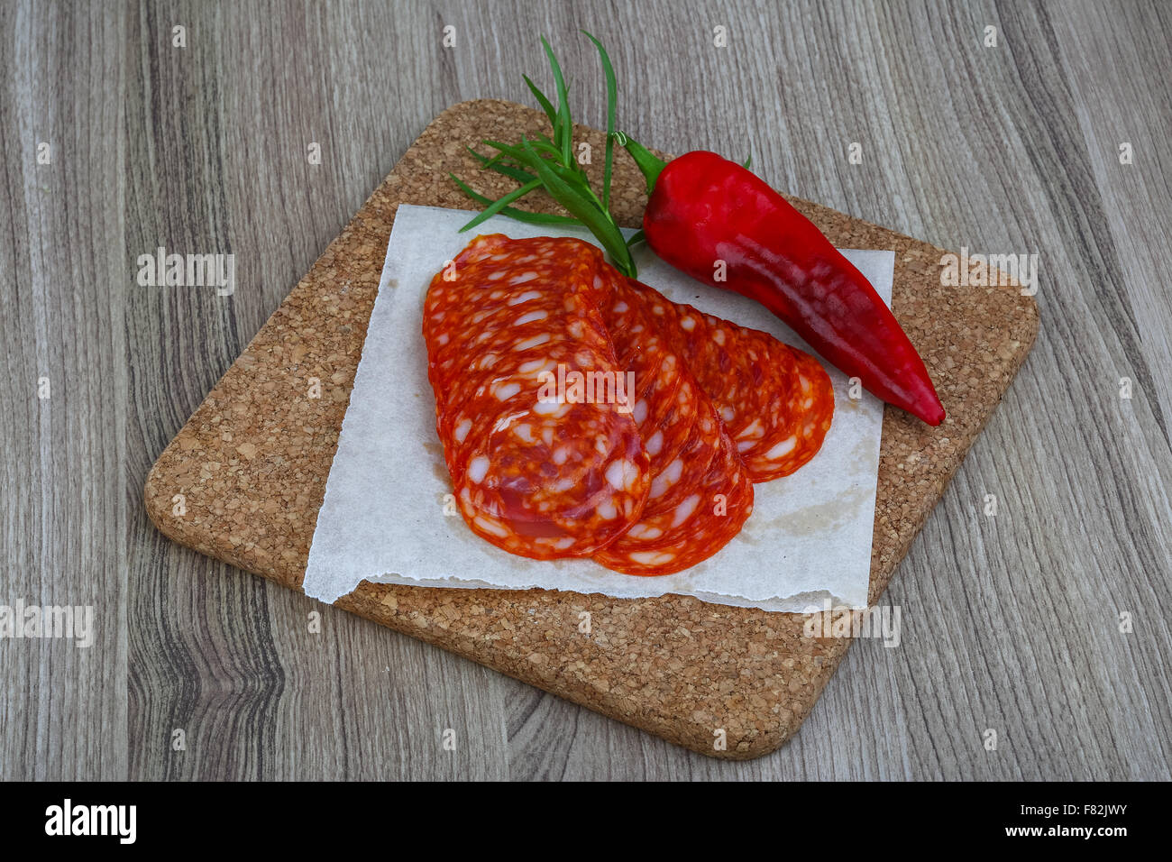 Spanish traditional sausages - Chorizo - with estragon leaves and hot ...