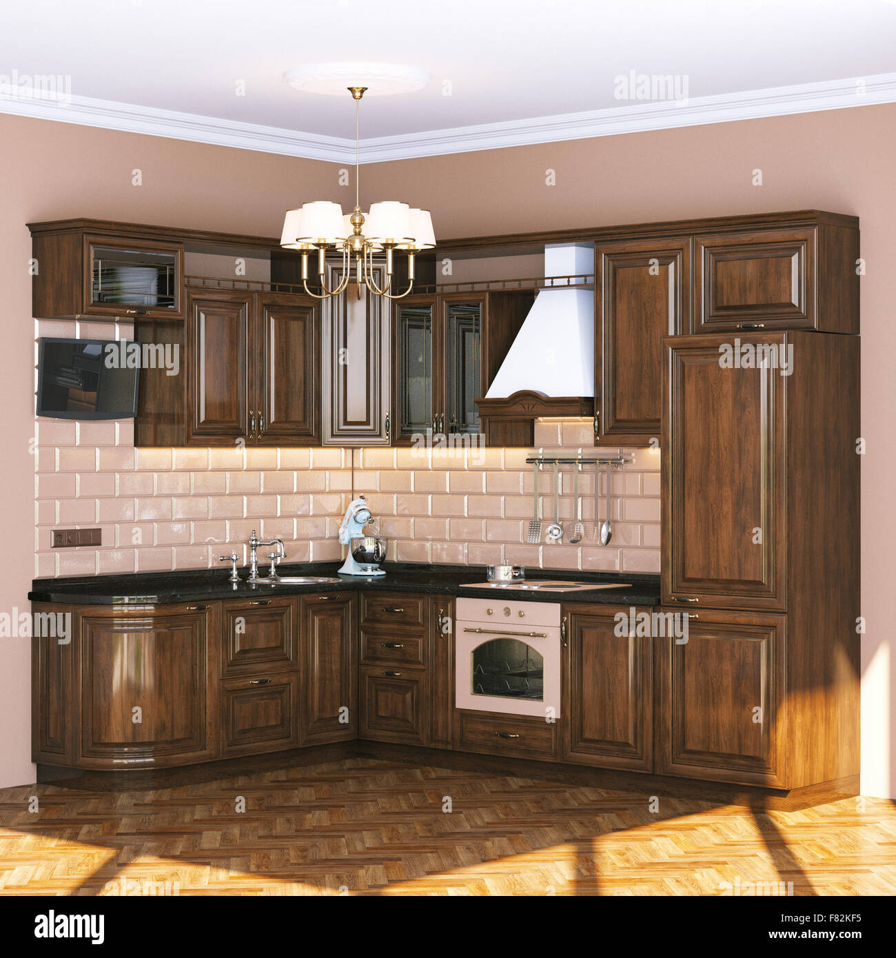 Brown classic kitchen in beige interior Stock Photo - Alamy