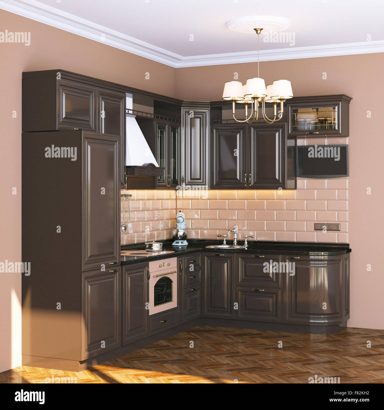 Brown classic kitchen in beige interior Stock Photo Alamy