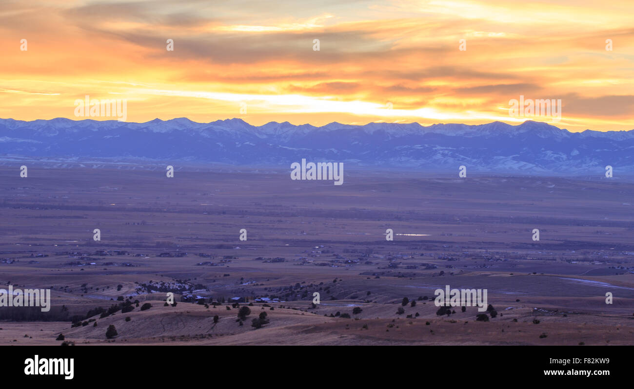 Sunset over mountains and vast landscape in Bozeman, Montana. Stock Photo