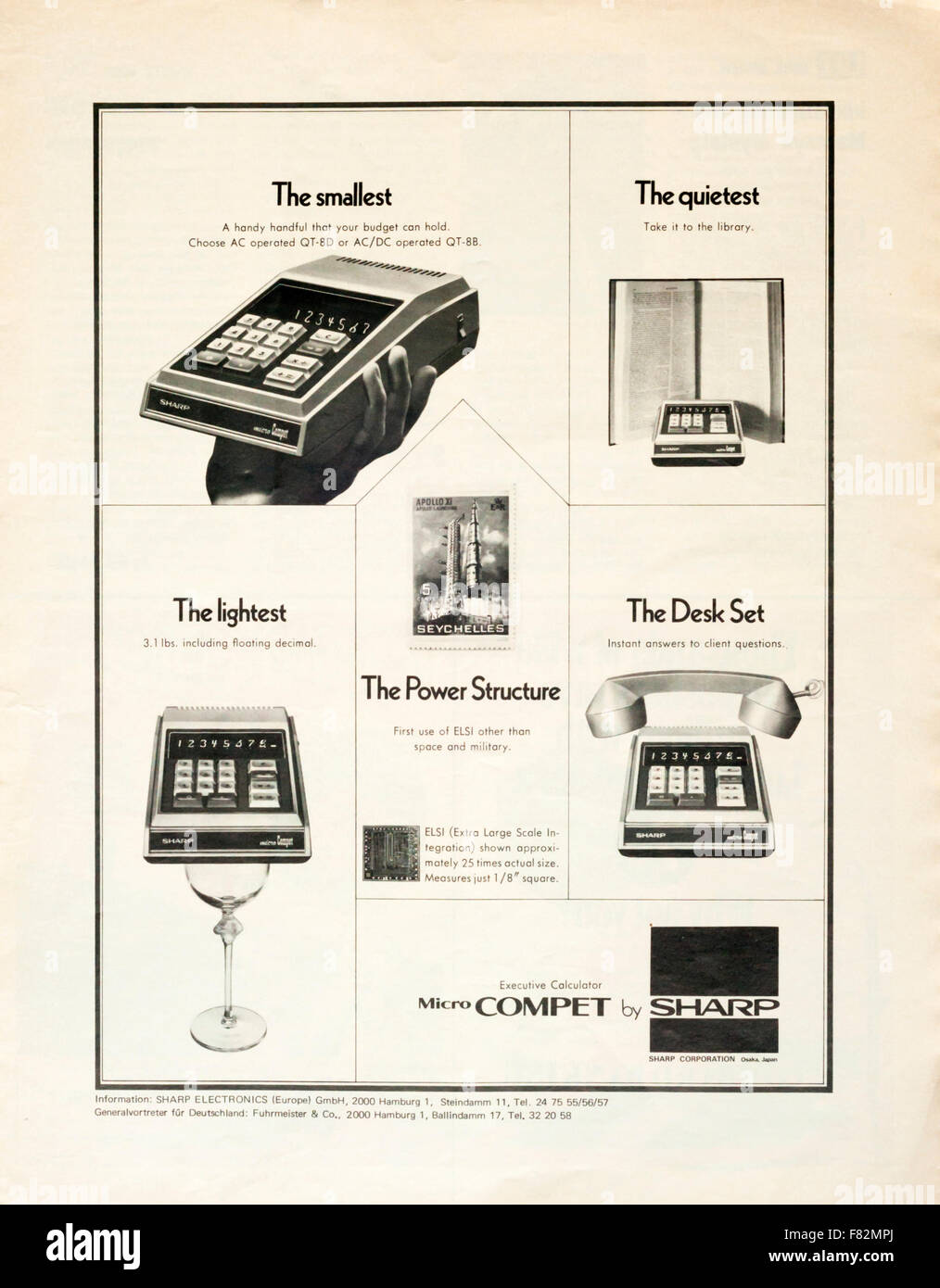 1970s magazine advertisement advertising the Micro Compet Executive calculator by Sharp. Stock Photo