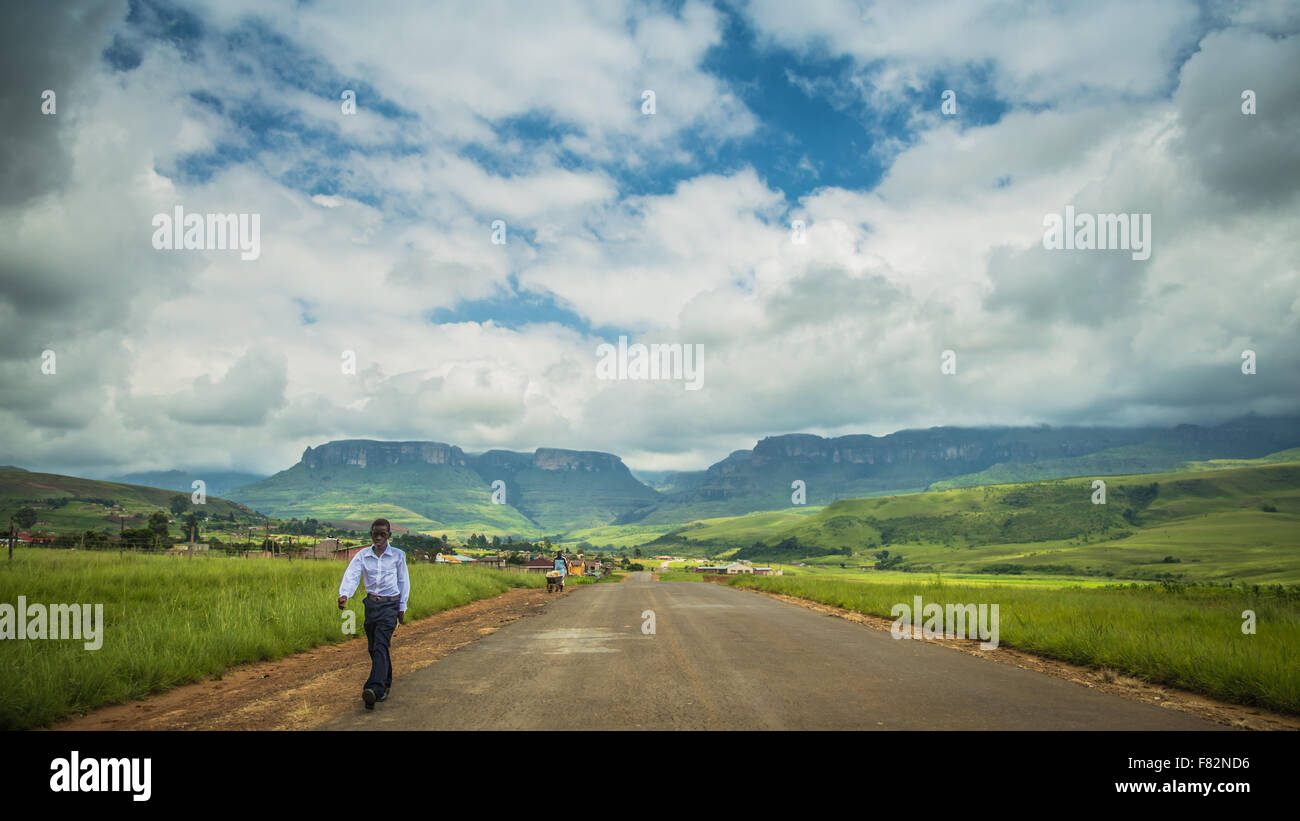 Trip by car through the picturesque landscapes of Kwazulu Natal to get to the Drakensberg National Park Stock Photo