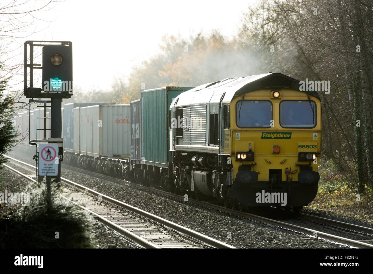 A Class 66 diesel locomotive pulling a freightliner train at Lapworth, Warwickshire, England, UK Stock Photo
