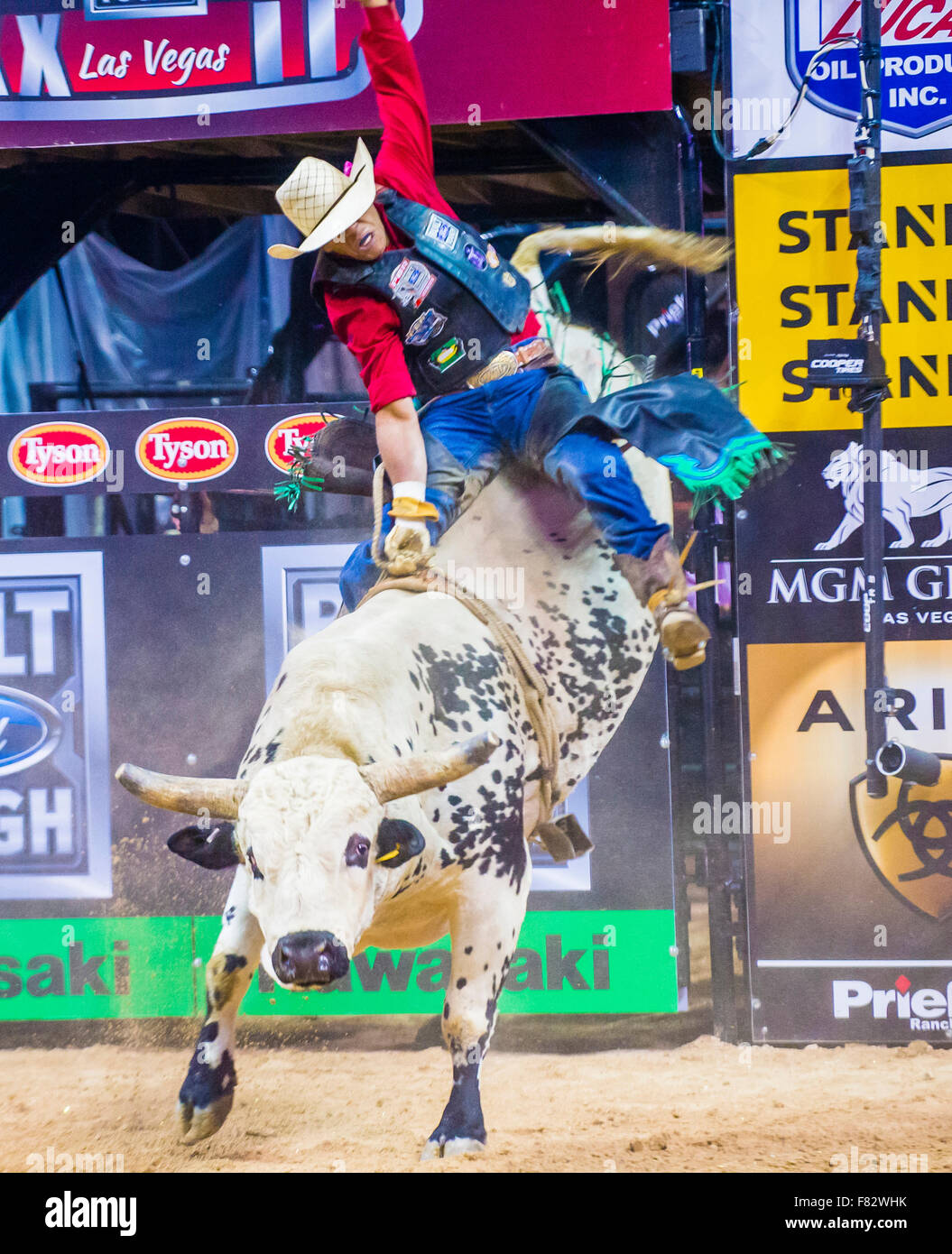 Cowboy Participating in the PBR bull riding world finals. The bull