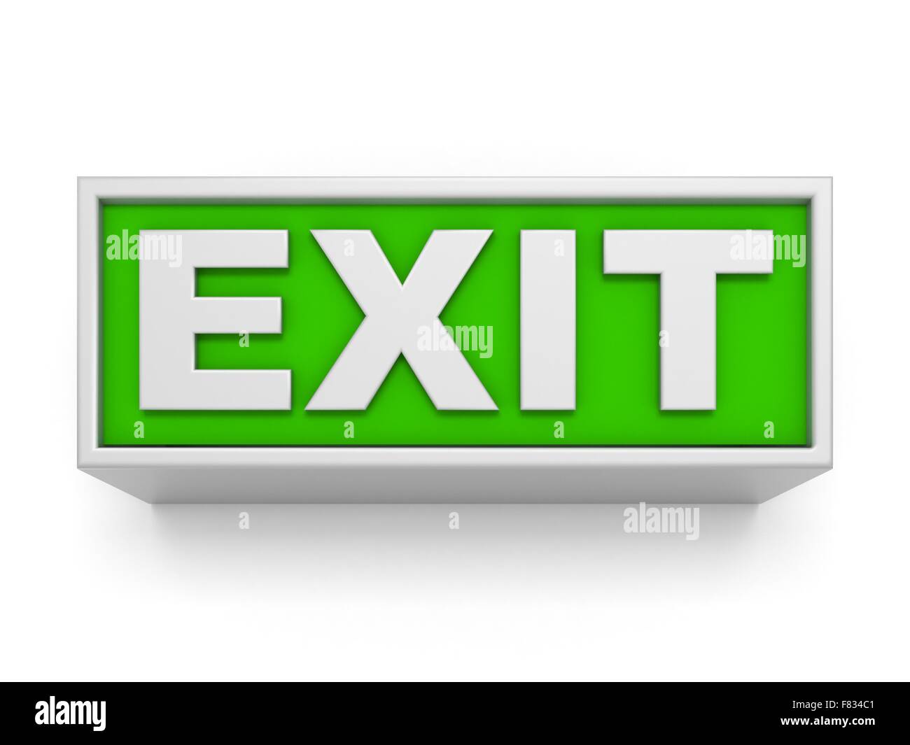 Exit sign on white wall. 3D rendered illustration isolated on white background Stock Photo