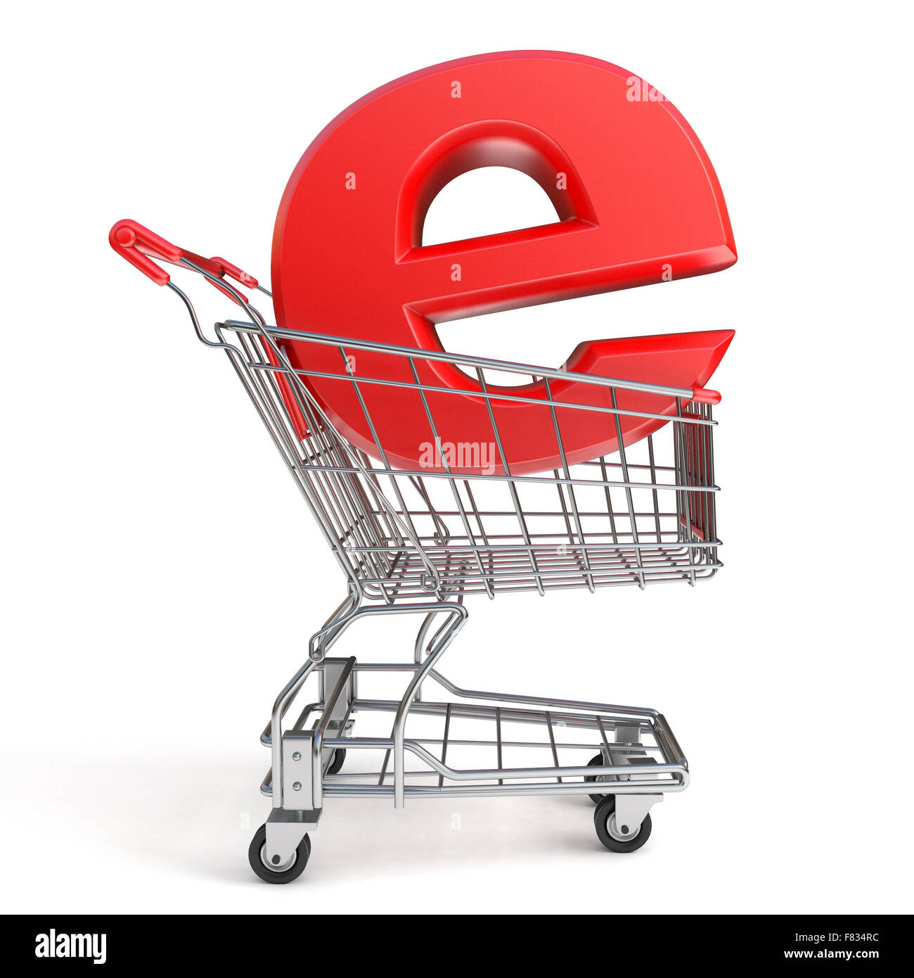 Shopping cart and E symbol. concept. 3D render illustration isolated on white background