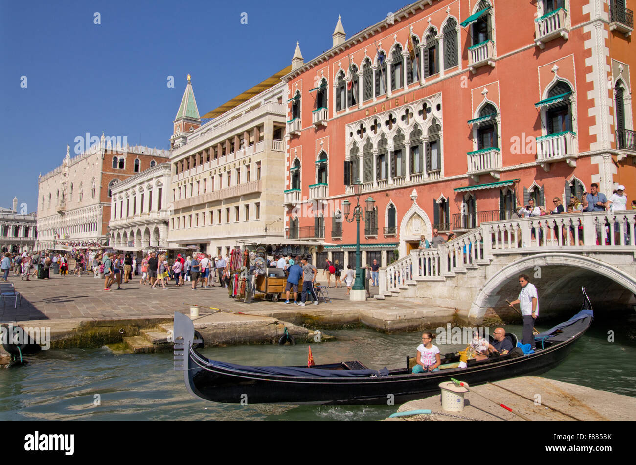 Riva Degli Schiavoni a gondola entering the lagoon. Stock Photo