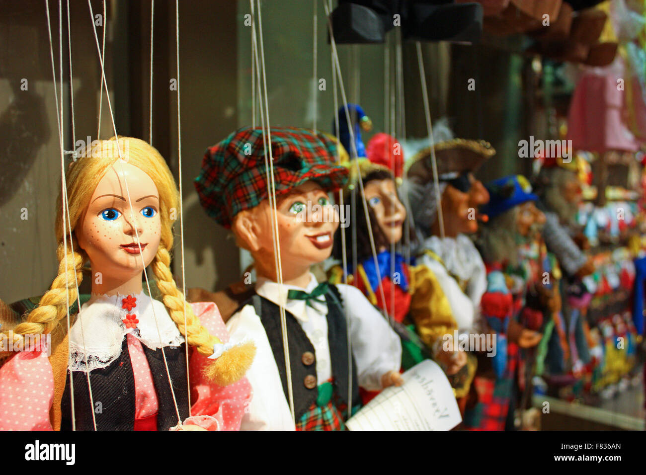 Traditional puppets made of wood. Shop in Prague Czech Republic Stock
