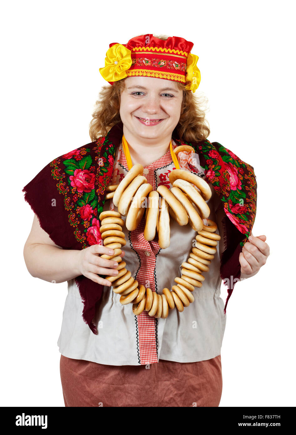 Studio shot of woman in Russian traditional clothes. Isolated over white background Stock Photo