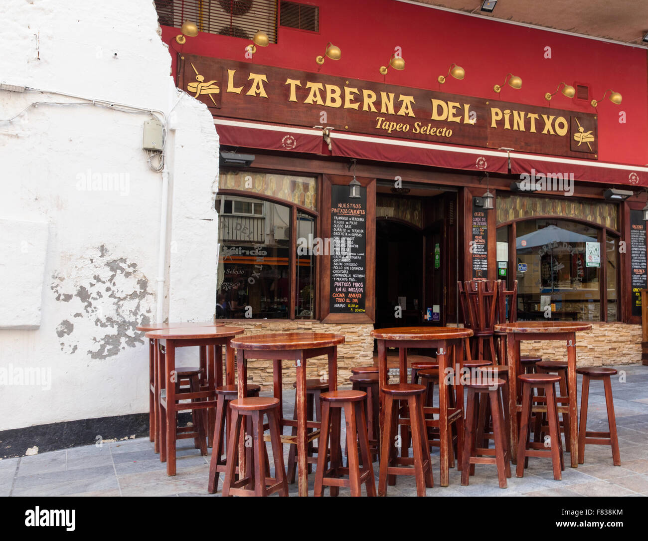 Outside a typical Spanish looking tapas bar in Marbella in Spain with