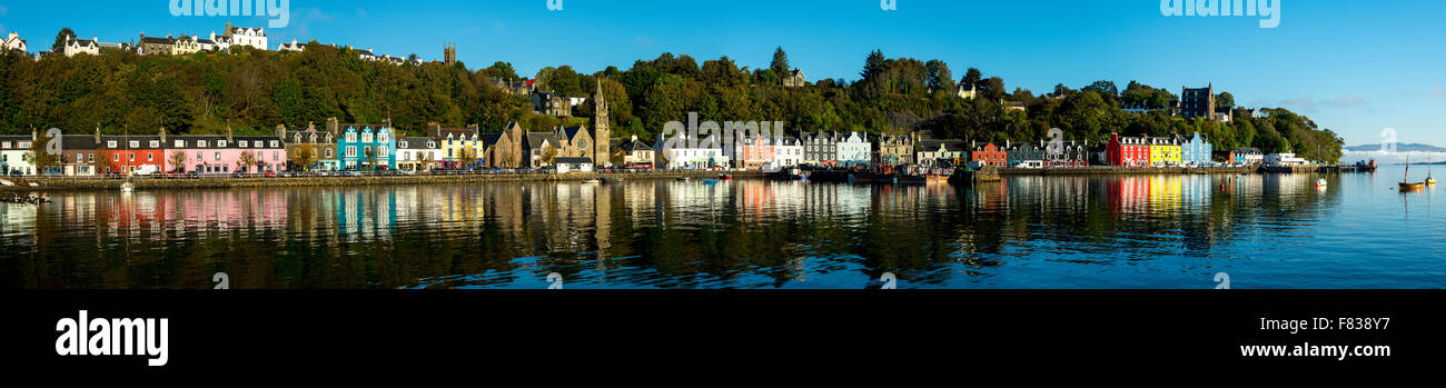 Panorama of Main Street, Tobermory over the harbour, Isle of Mull, Argyll and Bute, Scotland, UK. Stock Photo