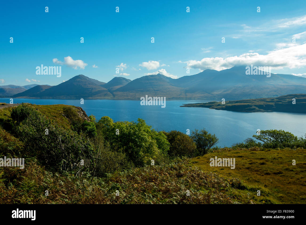 Beinn a'Ghraig, Beinn nan Gabhar, Beinn Fhada, A' Chioch and Ben More (on right) over Loch na Keal, Isle of Mull, Scotland, UK Stock Photo