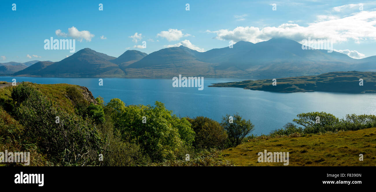 Beinn a'Ghraig, Beinn nan Gabhar, Beinn Fhada, A' Chioch and Ben More (on right) over Loch na Keal, Isle of Mull, Scotland, UK Stock Photo