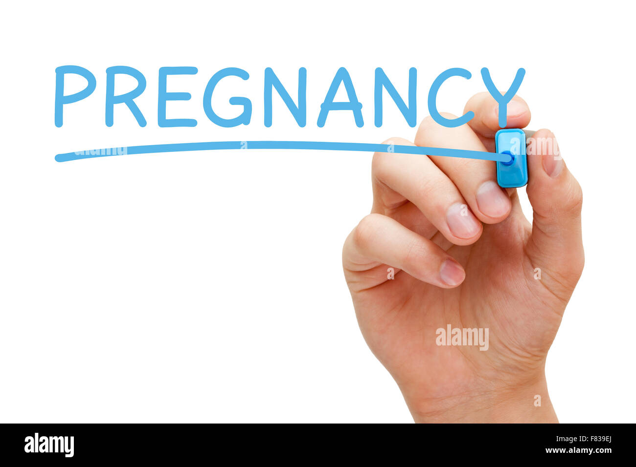 Hand writing Pregnancy with blue marker on transparent wipe board Stock Photo