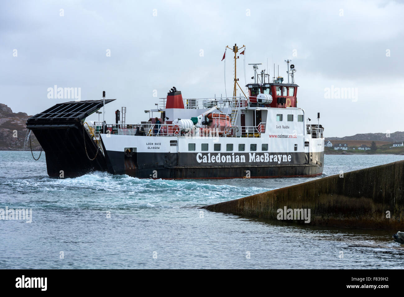 The Caledonian MacBrayne (Calmac) ferry the 'Loch Buidhe' leaving the Isle of Iona, Inner Hebrides, Scotland, UK Stock Photo