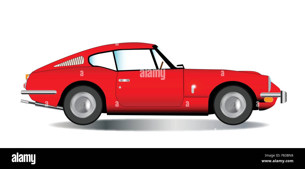 A classic old British hard top sports car in red over a white background Stock Vector