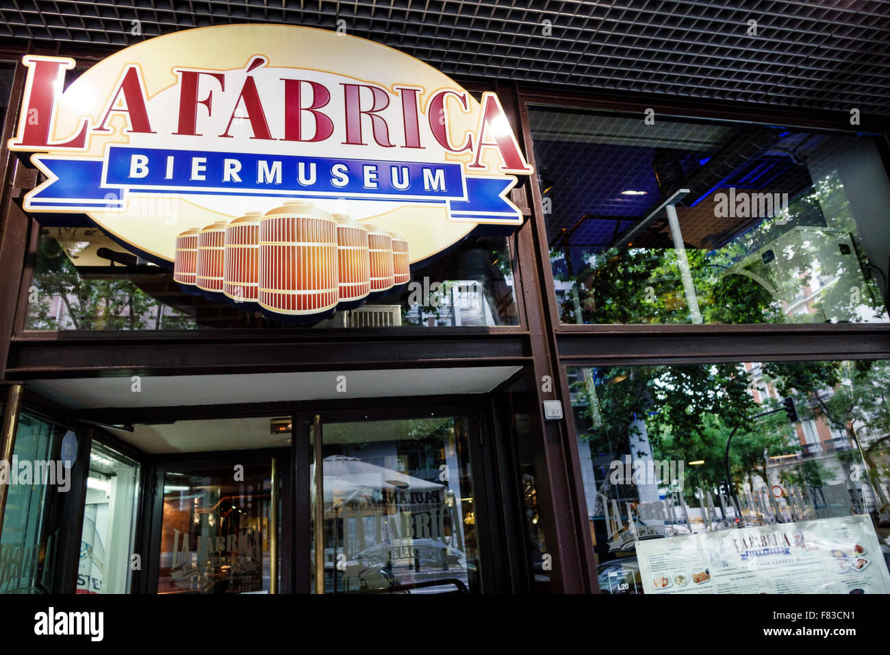 Madrid Spain,Hispanic Chamberi,Calle de Genova,La Fabrica,Biermuseum,brewery,beer museum,restaurant restaurants food dining cafe cafes,sign,entrance,S Stock Photo