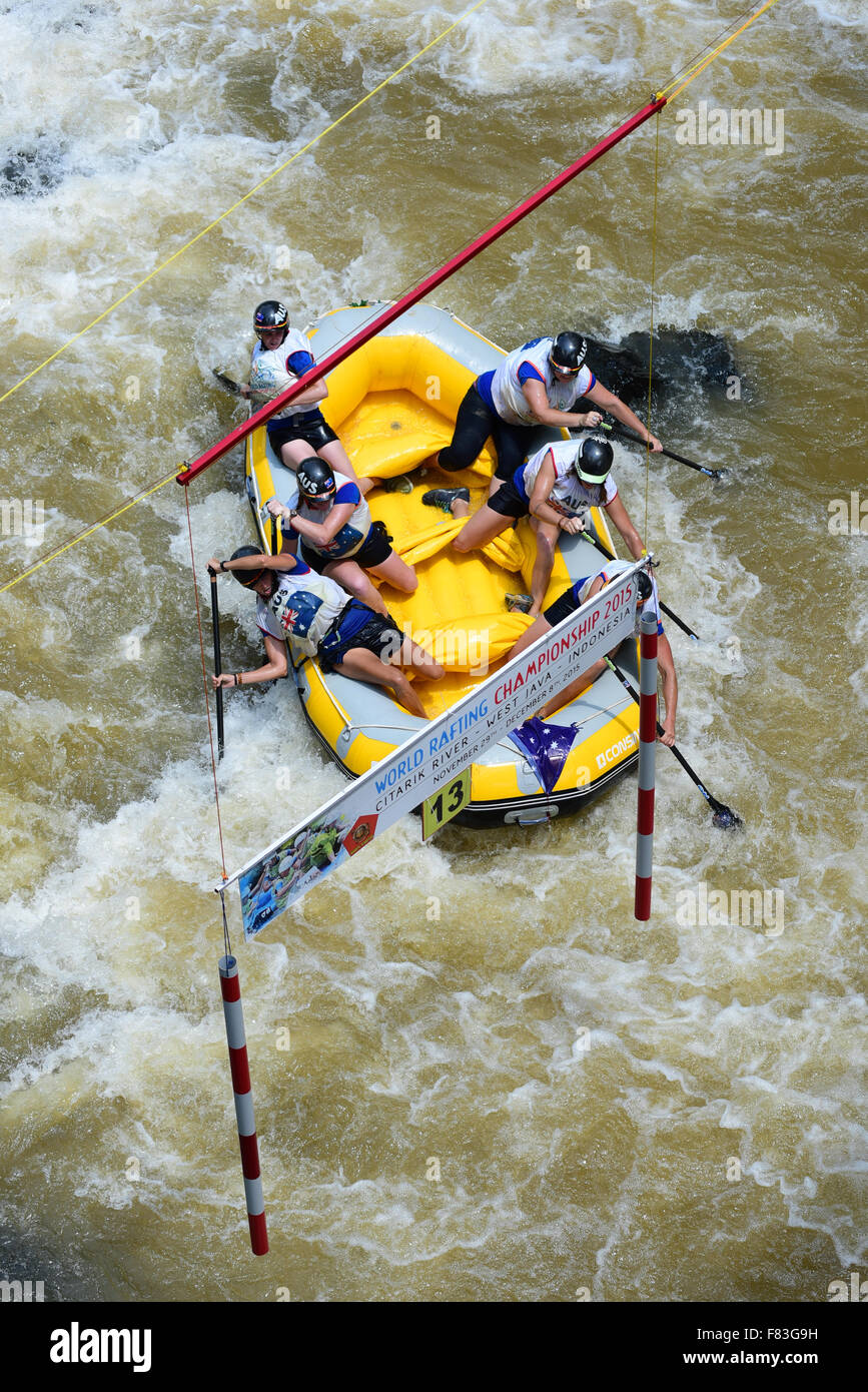 Australia open women's slalom team during World Rafting Championship in Citarik River, West Java, Indonesia. Slovakia won gold medal on this category, followed by New Zealand and Japan. Stock Photo