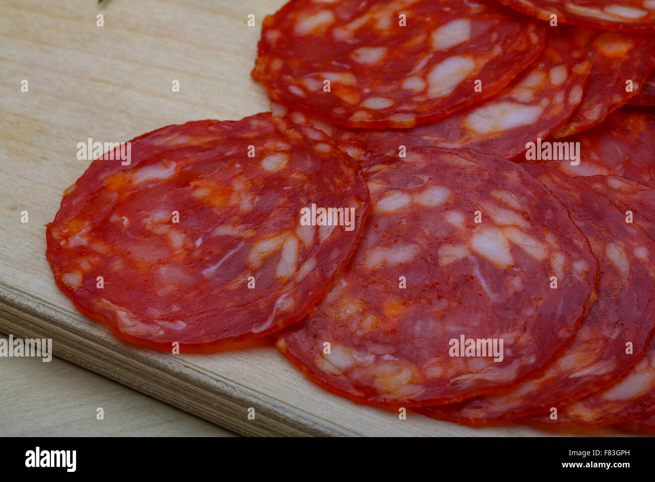 Chorizo Sausage Spanish Salami On The Wood Background Stock Photo Alamy