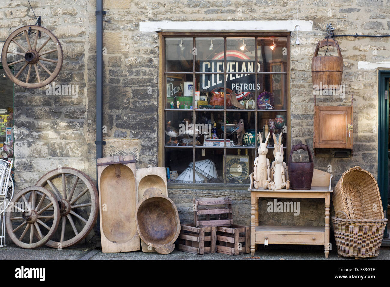 Outside view of a old Antique shop in the cotswolds Stock Photo
