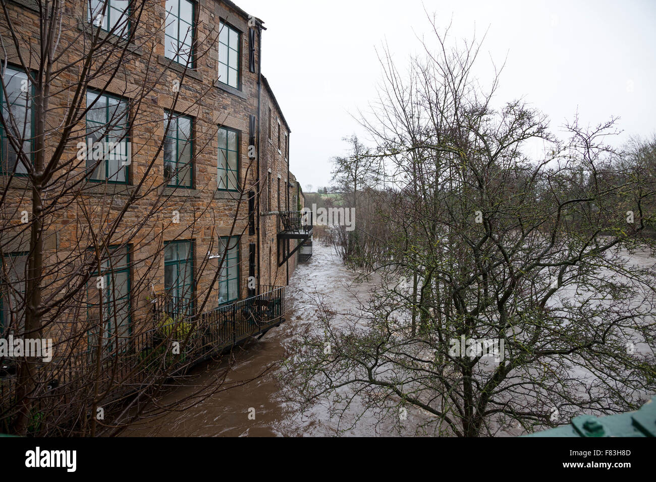 Barnard Castle, Teesdale, County Durham, UK Weather.  5th December 2015.  Heavy overnight rain and storm force winds brought by Storm Desmond have left the River Tees, which runs through Barnard Castle at very high levels.  Elsewhere in the area some roads have been blocked by flooding and fallen trees. Stock Photo