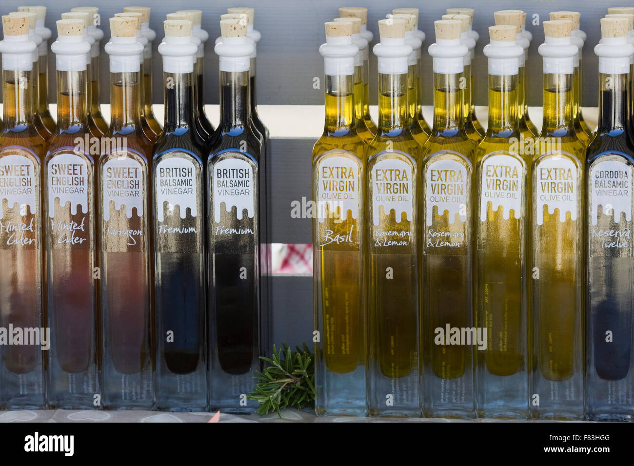 Bottles of vinegar and Assorted oils on a market store in Barcelona