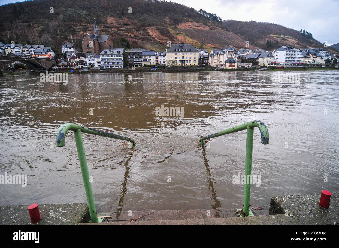 High water in the river Moselle at the village Cochem in Germany flowing through France, Luxembourg, and Germany. Stock Photo