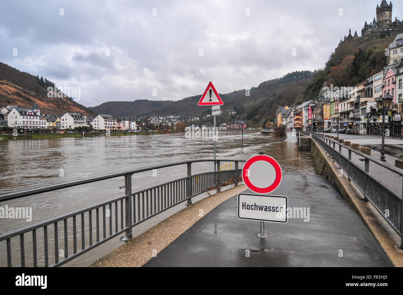 High water in the river Moselle at the village Cochem in Germany flowing through France, Luxembourg, and Germany. Stock Photo