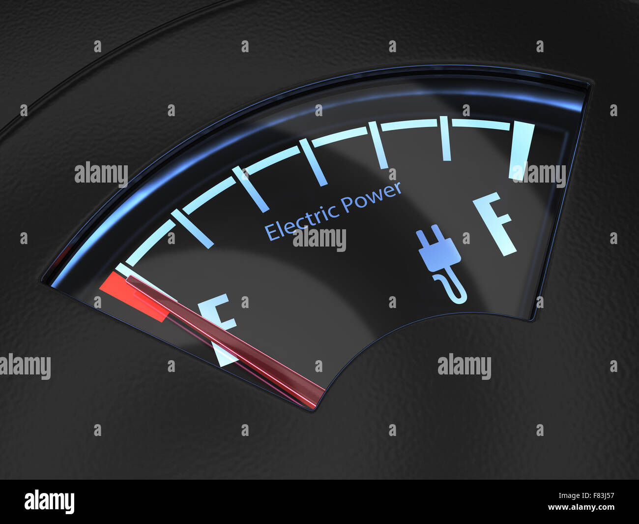 Electric fuel gauge with the needle indicating an empty battery charge. Eco fuel concept Stock Photo