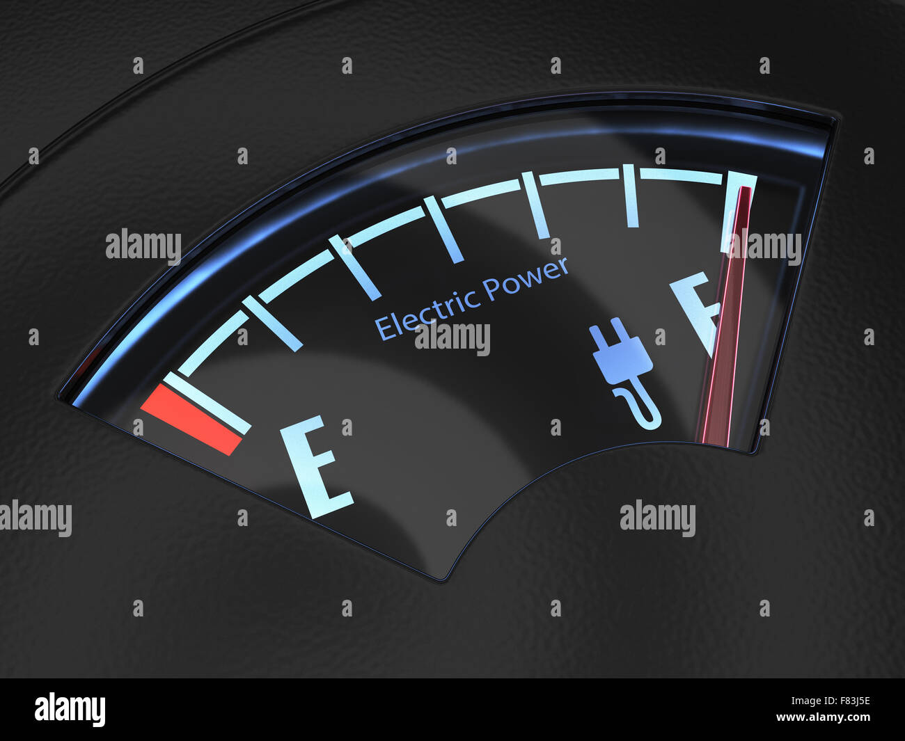 Electric fuel gauge with the needle indicating a full battery charge. Eco fuel concept Stock Photo