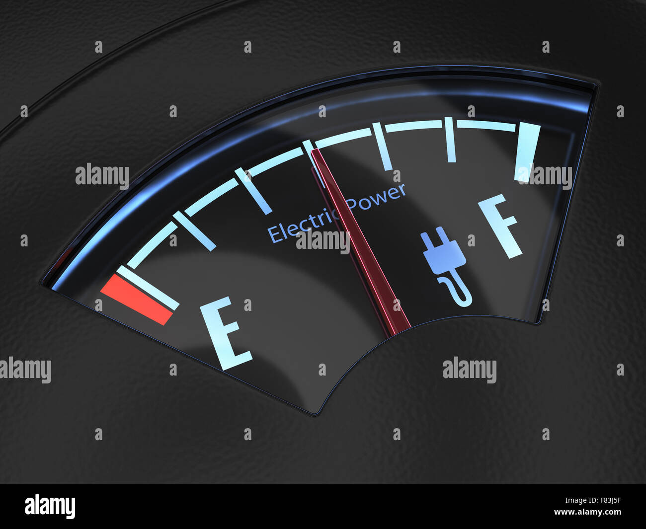 Electric fuel gauge with the needle indicating a middle battery charge. Eco fuel concept Stock Photo