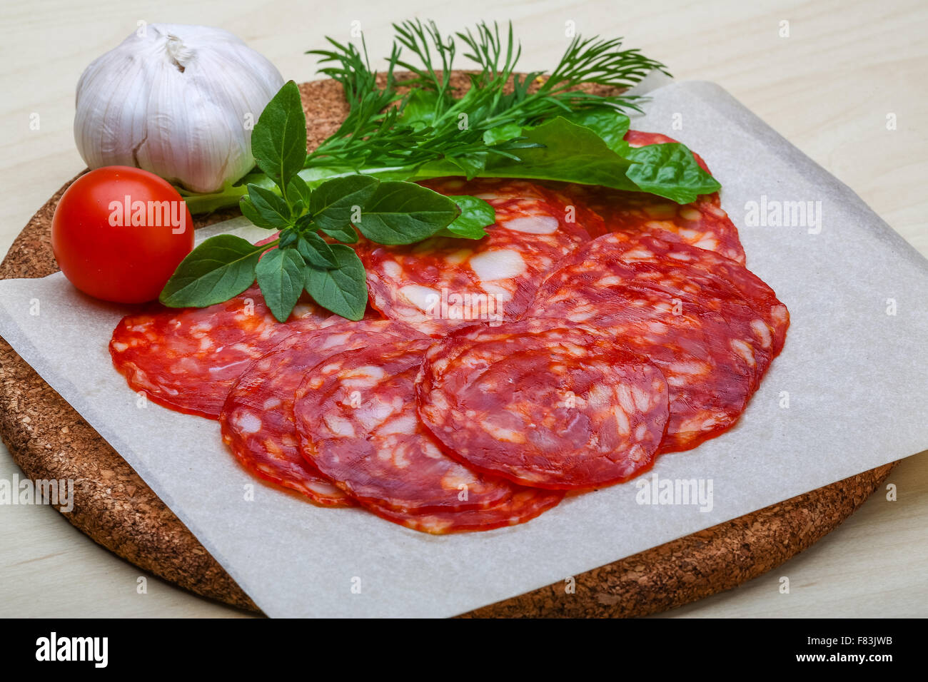 Chorizo sausage - spanish salami on the wood background Stock Photo - Alamy