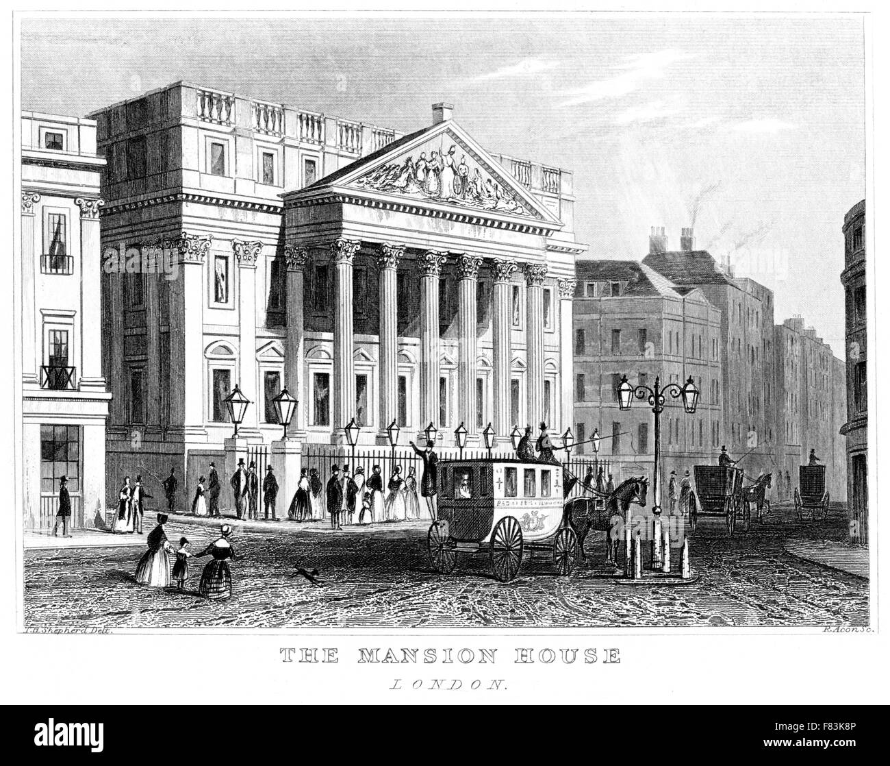 An engraving of The Mansion House, London UK scanned at high resolution from a book printed around 1850. Believed copyright free. Stock Photo