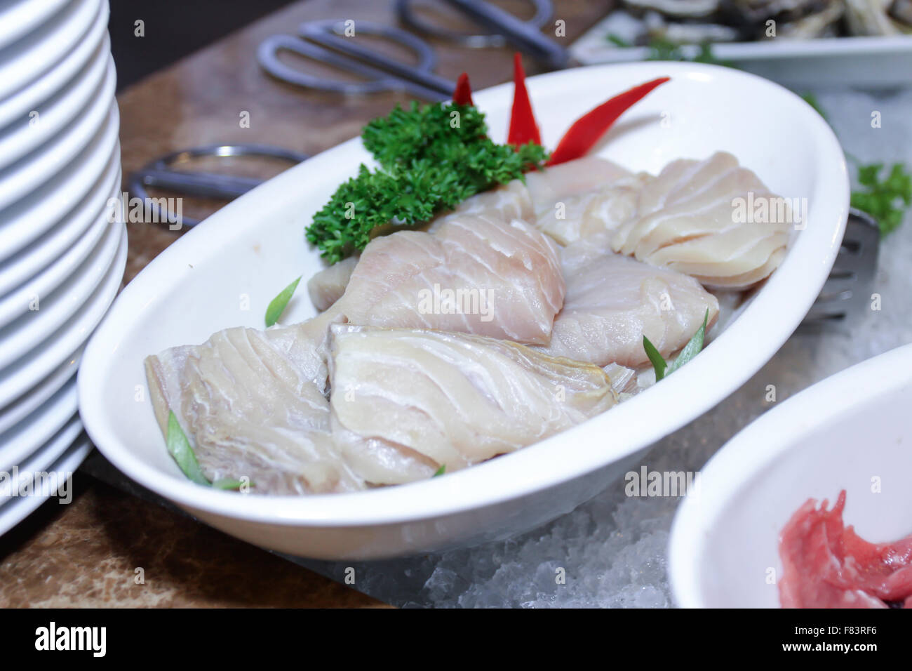 Table with catering food include seafood and meat Stock Photo