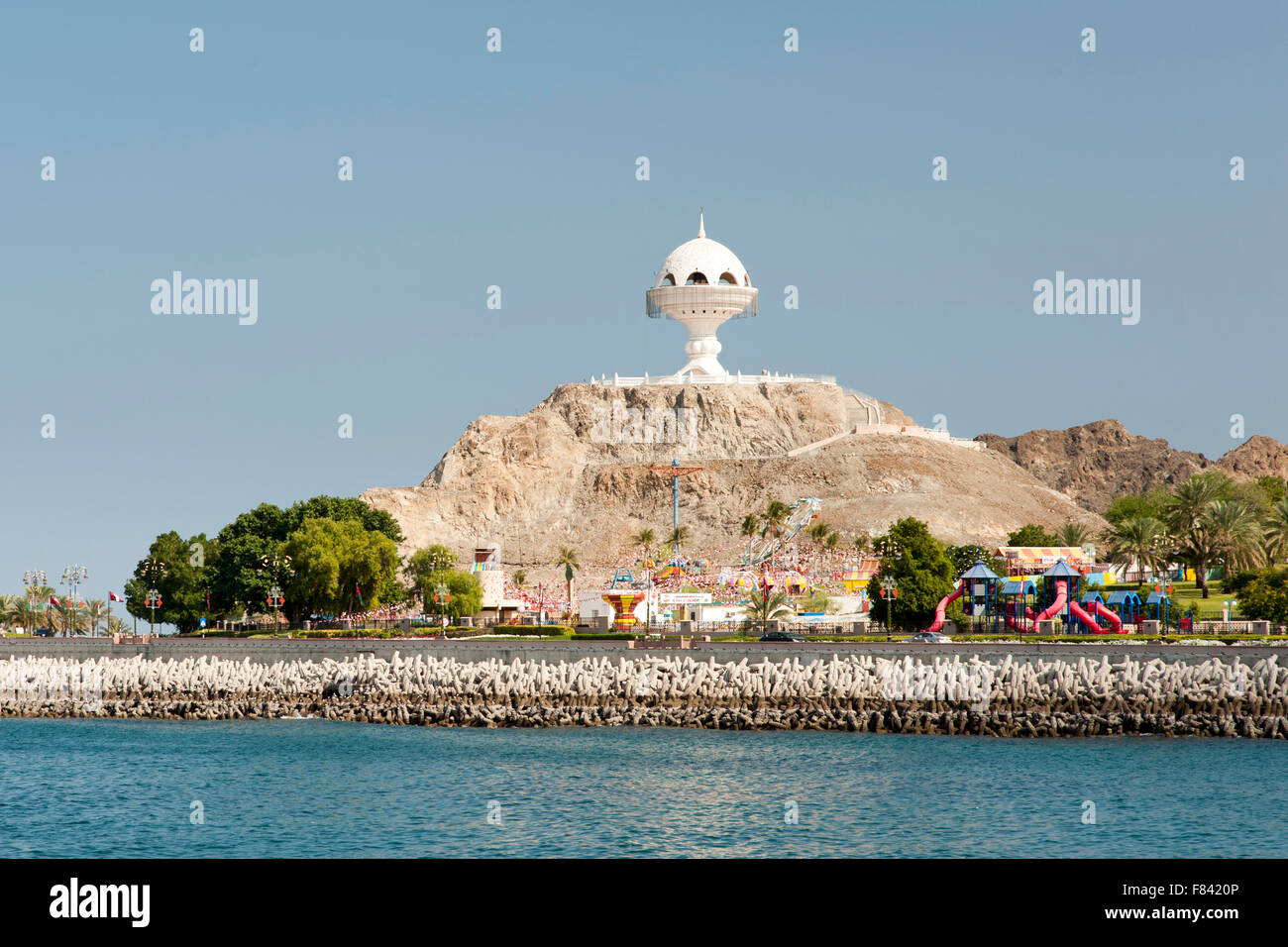 Riyam amusement park and the Frankincense burner monument on the Mutrah corniche in Muscat, the capital of the Sultanate of Oman Stock Photo