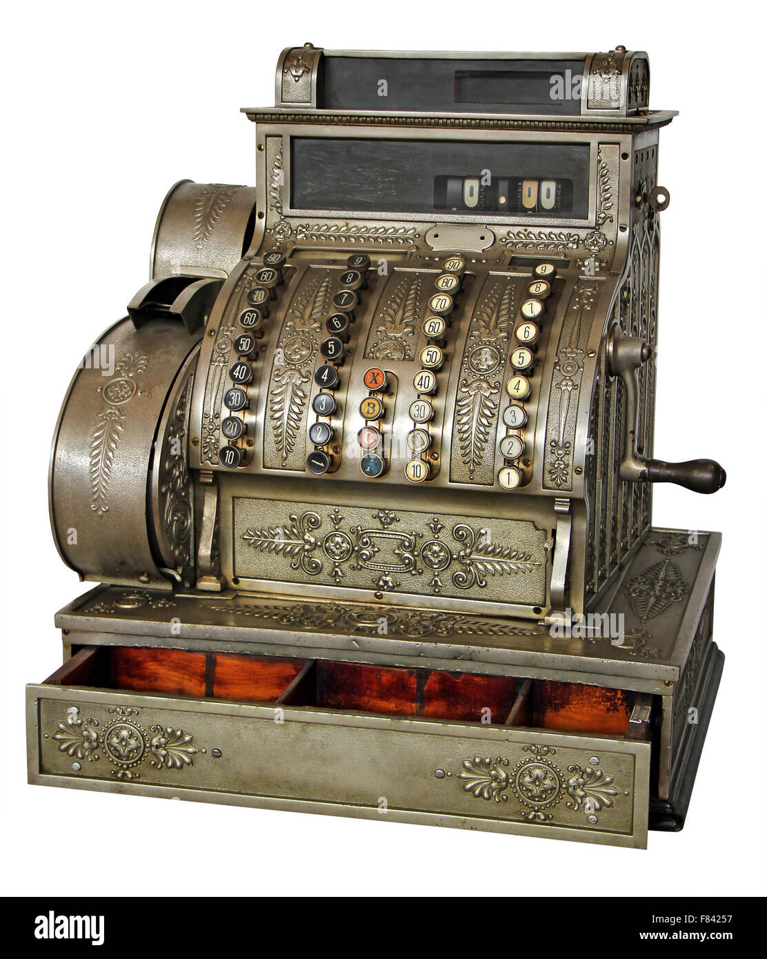 Old vintage cash register isolated on white background with Clipping Path Stock Photo